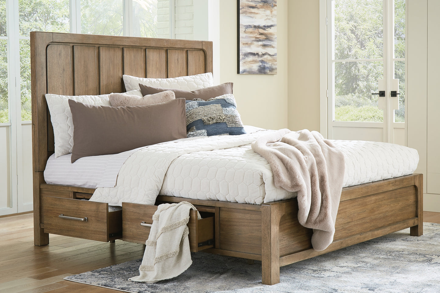 Cabalynn California King Panel Bed with Storage with Mirrored Dresser